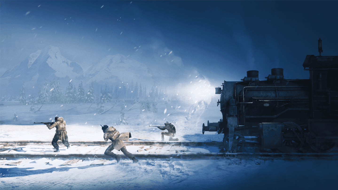 Official Frostrail key art showing Penitent Gardeners beside the armored train
