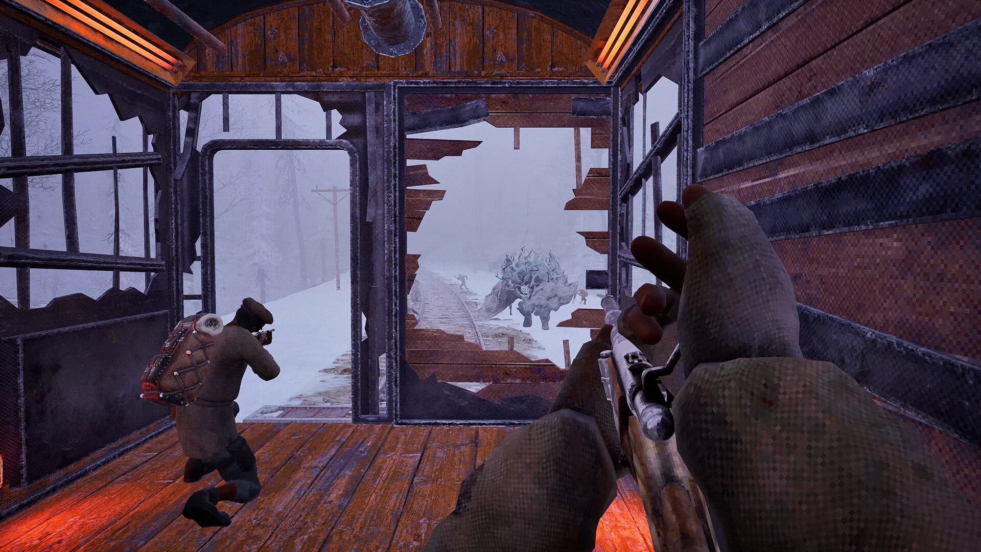 Frostrail crew defending an open carriage