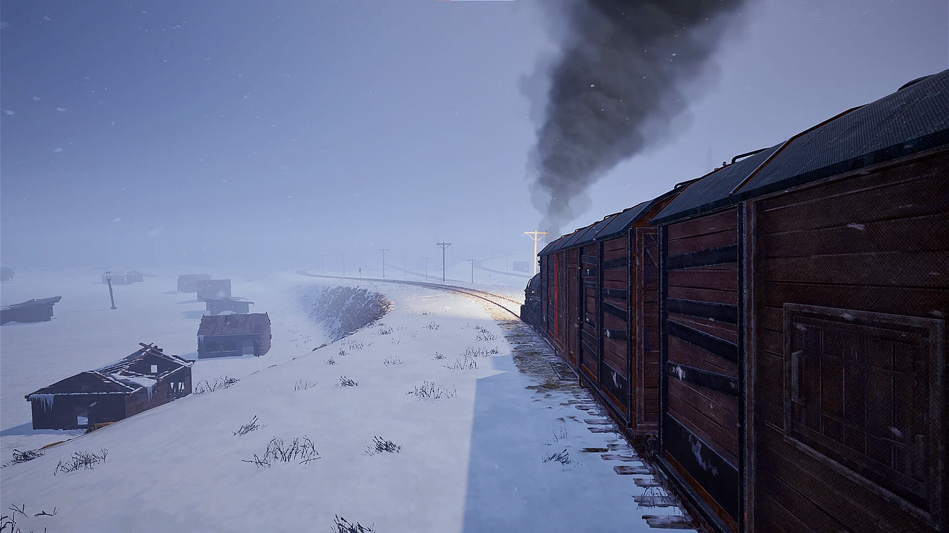 Wooden freight cars moving through the tundra