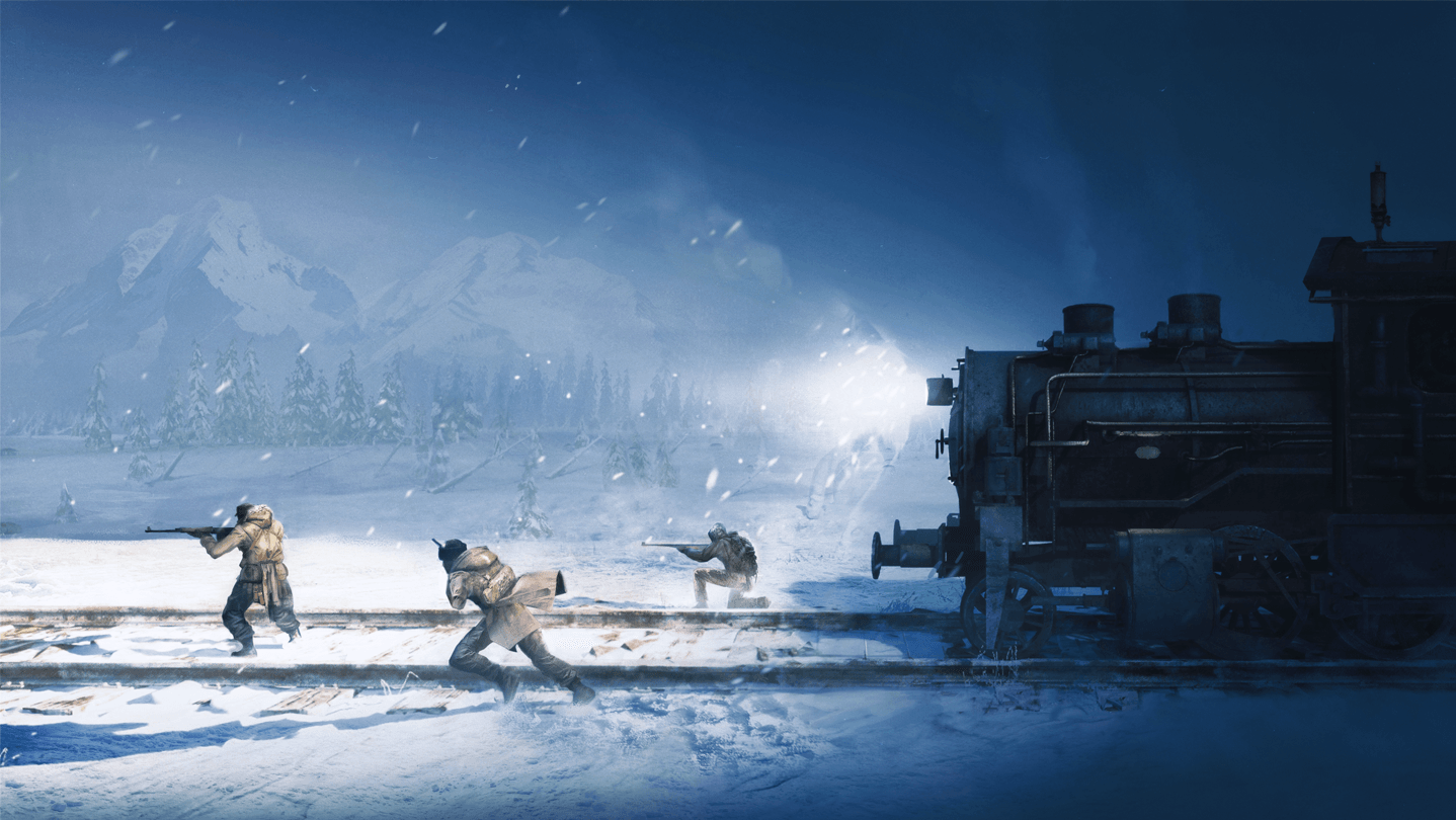 Official Frostrail key art showing Penitent Gardeners beside the armored train
